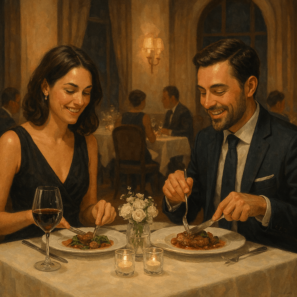 two people eating at fine restaurant